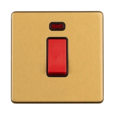 Image of 1 GANG 45AMP DP SWITCH WITH NEON FLAT CONCEALED SATIN BRASS PLATE MATCHING ROCKER