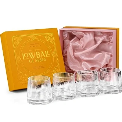 Image of GLASSIQUE CADEAU Vintage Art Deco Speakeasy Short Gin Tumbler Glasses Set of 4 260 ml Crystal Lowball for Drinking Classic Rum, Vodka Bar Drinks Round Rocks Glassware