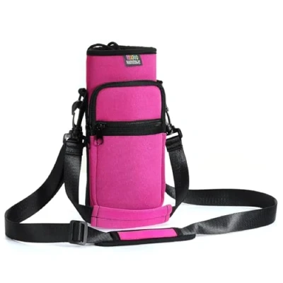 Image of Nuovoware Water Bottle Carrier Bag, 40oz Pouch Holder, Adjustable Shoulder Hand Strap 2 Pocket Sling Neoprene Sleeve Sports Accessories for Hiking Travelling, Fuchsia