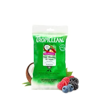Image of TropiClean Dog Wipes Grooming Deep Cleaning &amp; Deoderising For Dogs Cats Removes Dirt, Dander Odour Pet Paws, Face, Body Butt, Sweet Berry Coconut, 20ct