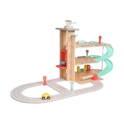 Image of Owl &amp; Fox OF209 Traditional Wooden, Three Tier Garage with Ramps, Petrol Pump, Wash, Parking Barrier, Cars, Helicopter and Accessories, Interactive Imaginative Role Play