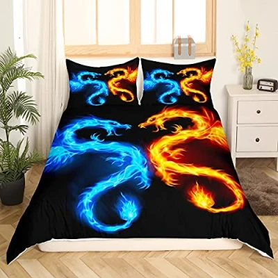 Image of Homewish Water Fire Dragon Bedding Set Animal Themed Duvet Cover Single Size Flaming Comforter For Boys Teens Man Wildlife Bedroom Decor