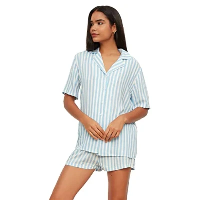 Image of Trendyol Women Striped Middle Woven Shirt Short Pajama Set Blue