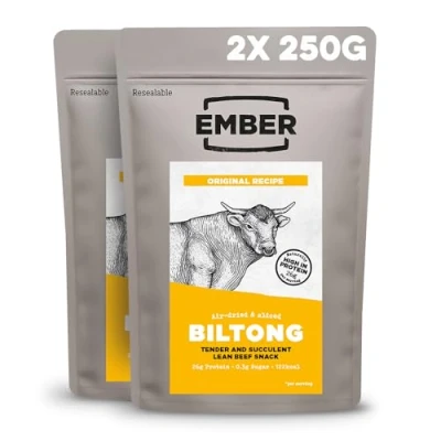 Image of Ember Snacks: Biltong Beef Jerky Original Flavour (2 x 250g = 500g total) Protein Keto Snacks, Bulk Bags Resealable for On The Go Snack From British and Irish Meat