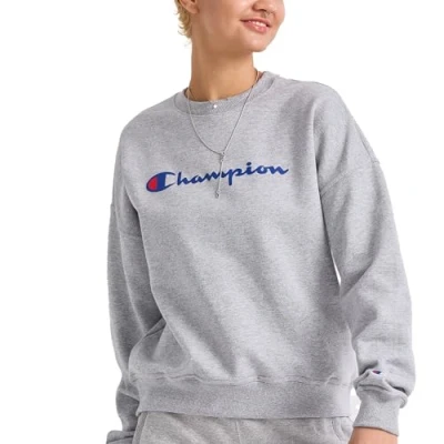 Image of Champion Women&#039;s, Powerblend, Fleece Crewneck, Warm Sweatshirt (Plus, Oxford Gray Script, XS