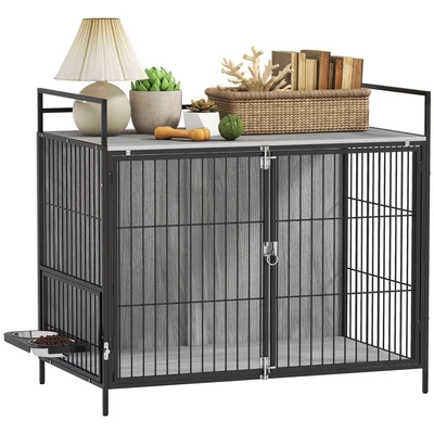 Image of PawHut Dog Crate Furniture with 2 Rotatable Bowls, End Table Anti Escape Doors, Storage Shelf, for Large Dogs, 100 x 60 88 cm, Grey