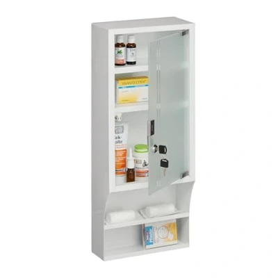 Image of Relaxdays Medicine Cabinet, Glass Door, Lockable, 5 Compartments, 65 x 27 12 cm, for Medication, Wall Mounted, White, Steel