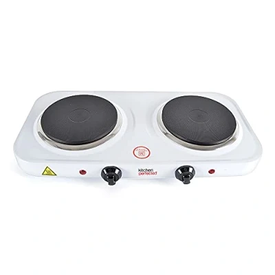 Image of KitchenPerfected 2000W Double Hotplate / Cast Iron Variable Heat Settings Overheat Protection Corrosion Resistant Power Indicator Non Slip Feet Easy Clean White E4202WH