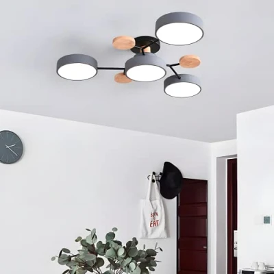 Image of Modern Semi Flush Mount Ceiling Light Circular Acrylic 4 Heads LED Lamp Nordic Grey Sputnik Fixture with Wood Decoration for Living Room Dining Bedroom