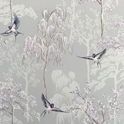 Image of Arthouse Japanese Garden Grey Wallpaper Hand Drawn Oriental Trees Birds on a Soft Background Handrawn Pattern Pearlescent Highlights adds Texture Create Relaxing Effect 908105