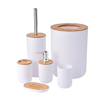 Image of Yorkmills Bamboo Bathroom Accessories, 6 Pieces White Accessory Set, Bin Toilet Brush Durable Toothbrush Holder Cup, Soap Dispenser With Pump, Dish Holder, Modern Trash Can