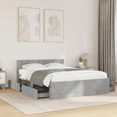Image of vidaXL Bed Frame w/Headboard Concrete Grey, Small Double Engineered Wood/Plywood Storage Drawers, 193x123x69 cm
