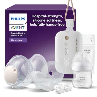 Image of Philips Avent Hands Free Double Electric Breast Pump, Hospital Strength Motor, Mimics Baby&#039;s Drinking Rhythm, Pumps up to 85 Times per Minute, 2 Collection Cups, 4 Shields, Model SCF547/11