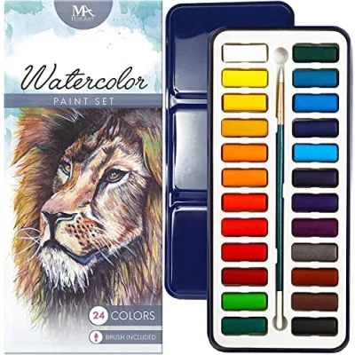 Image of Mozart Watercolour Paint Essential Set 24 Vibrant Colours Lightweight and Portable Perfect for Budding Hobbyists Professional Artists Brush Included