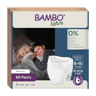 Image of Bambo Dreamy Night Pants Nappies, Pull Up Pants, Eco Time Nappies Keep Beds Dry All Night, Ups Training Secure, Comfortable, Potty Children Aged 8 15, 35 50kg, 60PK