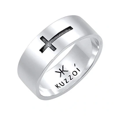 Image of Kuzzoi 0610890620 Men&#039;s Band Ring with Cross Motif 925 Sterling Silver, Wide Silver (8 mm) in Edged Design, for Men Oxidised, Size 60 66, 62,