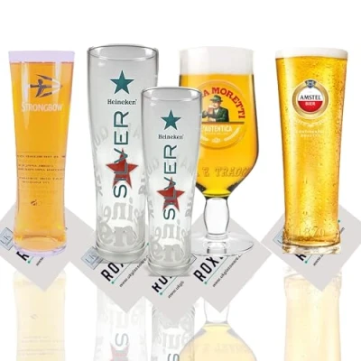 Image of Roxley Pint Glasses Set Amstel Moretti Strongbow Heineken Blade Lager Beer Glass x5 Man Cave Made in UK