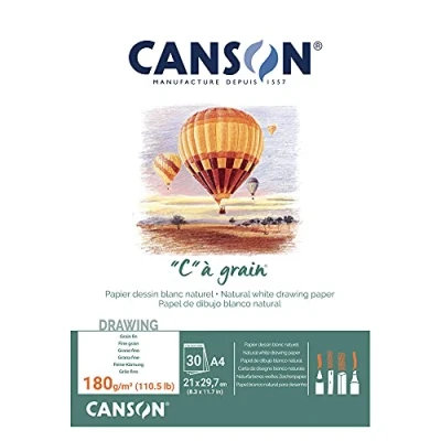 Image of Canson &quot;C à Grain A4 180g White Drawing &amp; Sketching Paper Pad, 30 Sheets, Fine Texture, Glued on Short Side, Ideal for Professional Artists