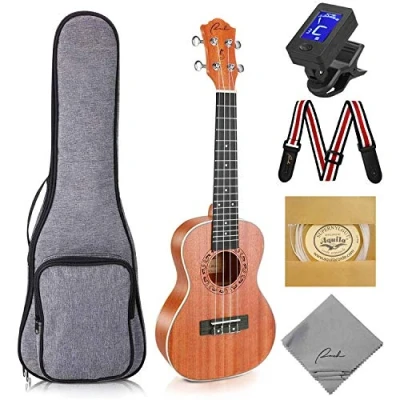Image of Concert Ukulele Ranch 23 Inch Proffesional Wooden Instrument Kit with Online 12 Lessons Small Hawaiian Guitar Pack Bundle Gig Bag, Digital Tuner, Strap, 4 Aquila Strings Set