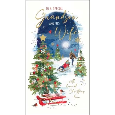 Image of Grandson and His Wife Christmas Card Sledging Couple Artistic Festive Design Special Finishes Illustrated Insert Leaf Made in the UK