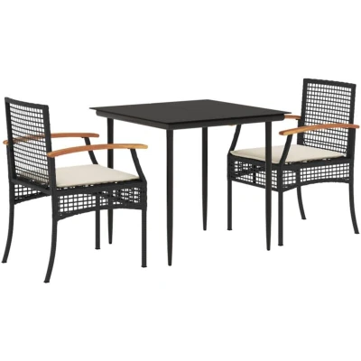 Image of vidaXL 3 Piece Garden Dining Set with Cushions Black Poly Rattan
