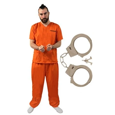 Image of Adults Unisex Prisoners Costume Knife and Chain Set XX Large Orange Prisoner Top, Matching Trousers, Prop Knife, Ball &amp; Cops Robbers, Halloween Fancy Dress