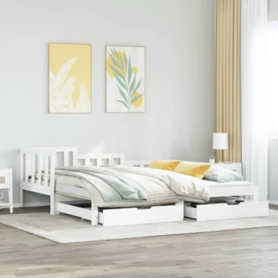 Image of vidaXL Solid Pine Wood Daybed with Trundle &amp; Drawers 2 in 1 Sofa Bed White, Serving as a Couch Guest Bed, Storage Units, Sizes 90x190 cm, Ideal for Living Room or Bedroom