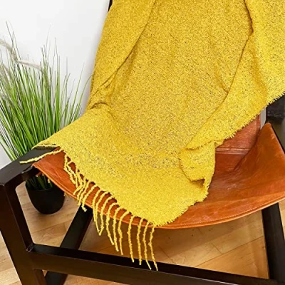 Image of Soft Plaid Mustard Yellow Throw 127cm x 152cm Luxury Sofa Bed Blanket Tassels