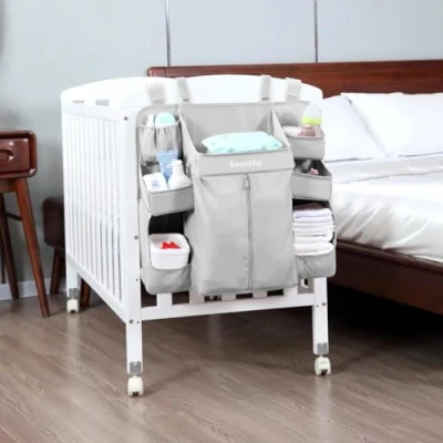 Image of Sunzit Crib Storage Bag, Diaper Organizer Baby Nursery Multifunctional Bedside Hanging Bag for Use Light Grey