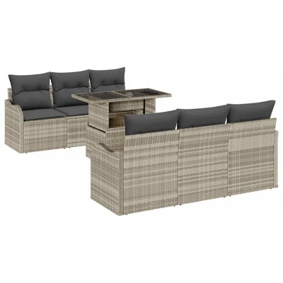 Image of vidaXL 7 Piece Garden Sofa Set with Cushions Light Grey Poly Rattan