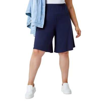 Image of Roman Curve Wide Leg Stretch Shorts for Women UK Ladies Spring Everyday Summer Holiday Elasticated Waist Comfy Pull On Soft Knee Length Day Out Relaxed Navy Size 30