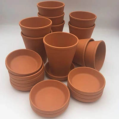 Image of Weston Mill Pottery [LT9/S9] Terracotta Long Tom plant pots with saucers (pack of 10) 9 cm diameter