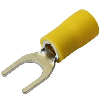 Image of 6.4 yellow fork terminal crimp connector (for 6mm bolt or screw) 25 50 100 pack (25)