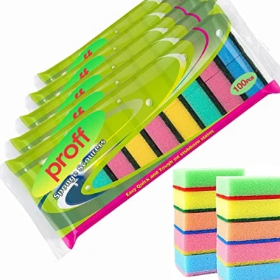 Image of Proff Cleaning &amp; Washing up Sponge Scourers, Foam, Mix Colours, Pack of 100
