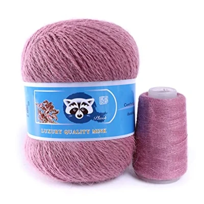 Image of FOLODA Wool, Pack of 2 Long Plush Mink Pure Natural Knitting Needles Wool Worsted Yarn Handmade Couture Material 50 g + 20 Hand Cotton