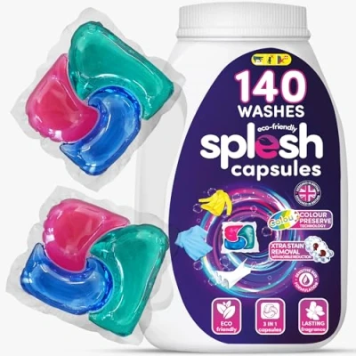 Image of Splesh 3 in 1 Washing Liquid Laundry Detergent Capsules for sensitive skin 140 washes, Colour Preserve Technology, Xtra Stain Removal pods with Integrated Fabric Softener