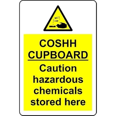 Image of COSHH Cupboard Caution Hazardous Chemicals stored here Safety Sign Self Adhesive Sticker (300mm x 200mm)