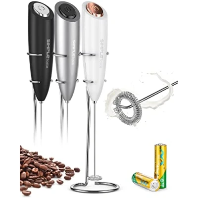 Image of SIMPLETASTE Milk Frother Handheld Battery Operated Electric Foam Maker, Drink Mixer with Stainless Steel Whisk and Stand for Cappuccino, Bulletproof Coffee, Latte