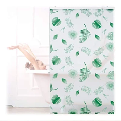 Image of Relaxdays Shower Roller Blind, Leaf Pattern, Flexible Mounting, Pull up Curtain for Bath &amp; Window, HxW: 100x240cm, Green