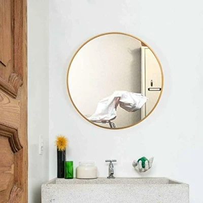 Image of DEENZ 50cm Large Round Gold Wall Mounted Mirror Brass Metal Frame Bathroom Living Room