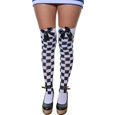 Image of Ladies Adult Fancy Dress Thigh High Stockings with Bows White Black Check Police Checkered By Angies Fashion Ltd