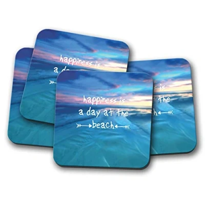 Image of 4 Set Happy Beach Quote Coaster Seaside Ocean Sea Positive Surf #15122
