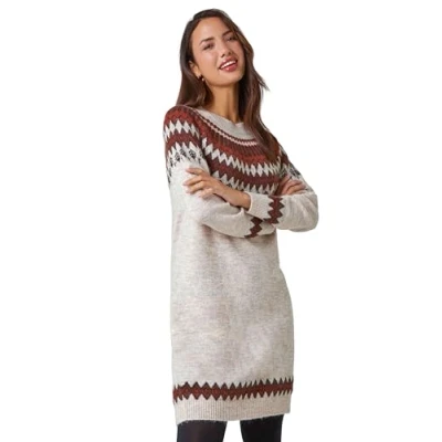 Image of Roman Thick Jumper Dress for Women UK Ladies Knitted Knit Sweater Long Longline Knitwear Autumn Winter Holiday Round Neck Sleeve Soft Knee Length Sweat Warm Biscuit Size 18