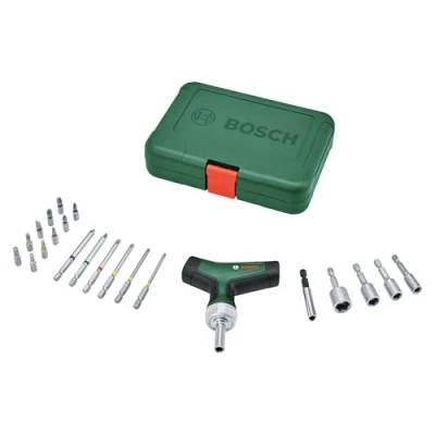 Image of Bosch Bit Ratchet Screwdriver T Handle Set 22 Piece (Max Torque 46 Nm; 36 Tooth Gear; Magnetic Holder; Ergonomic Softgrip; 16 Bits S2 Steel; 4 Nutsetters; Case)