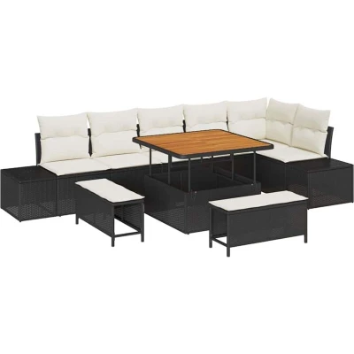Image of vidaXL 9 Piece Garden Sofa Set with Cushions Black Poly Rattan Acacia