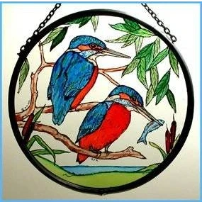 Image of Decorative Hand Printed Stained Glass Window Sun Catcher/Roundel in a Kingfishers Design.