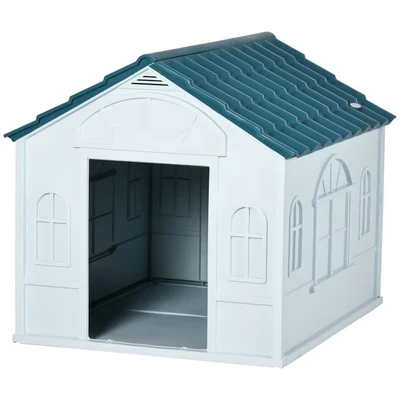 Image of PawHut Plastic Dog House Outdoor Indoor, Weather Resistant Kennel, with Large Opening, for Dogs, 84.2 x 98.2 82cm White and Blue