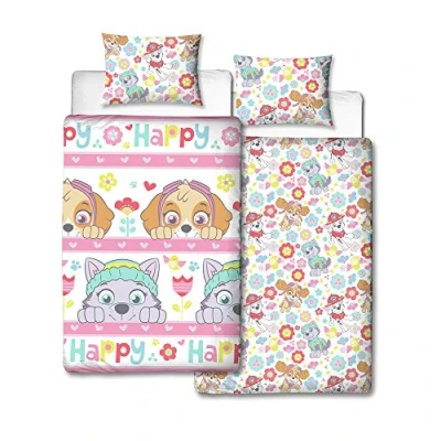 Image of Paw Patrol Bright Girls Single Duvet Cover Reversible Two Sided Design Kids Bedding Set Includes Matching Pillow Case