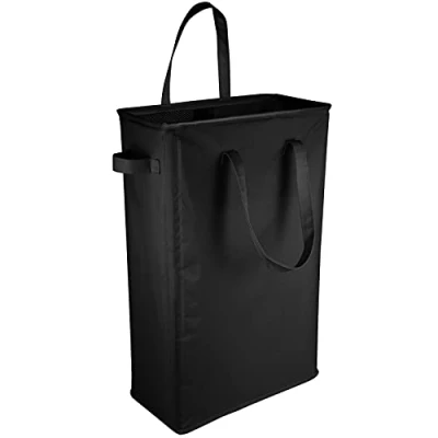 Image of IHOMAGIC 45L Laundry Hamper, Slim Portable Washing Basket with Long Handles, Rectangular Thin Tall Bins Foldable Waterproof Oxford Fabric, Dirty Clothes Organizer for Bedroom (Black)