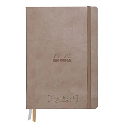 Image of RHODIA 194151C Rigid Notebook Bullet Journal Goalbook Creation Taupe A5 15.5x21x2 cm 100 pages Clairefontaine Paper Lavis Technique Plain White 200 g/m 2 Ribbons Faux Leather Cover